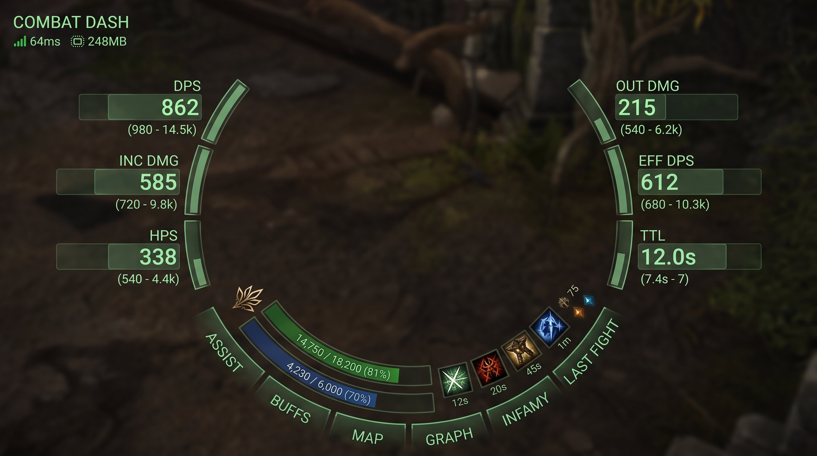 CombatDash — Lower-arc layout
